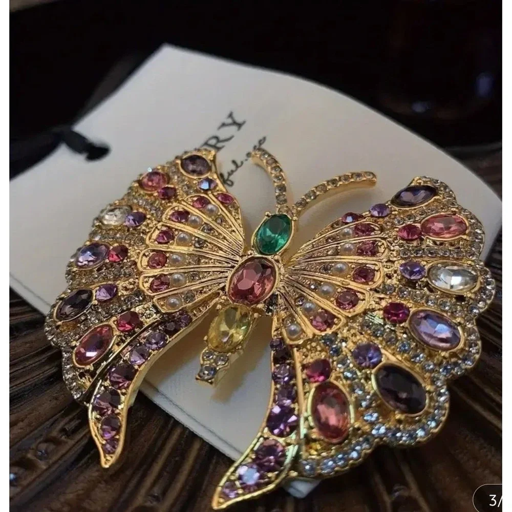Butterfly Brooch Pin Gold Tone Rhinestone Jewel Tone‎ Statement Jewelry